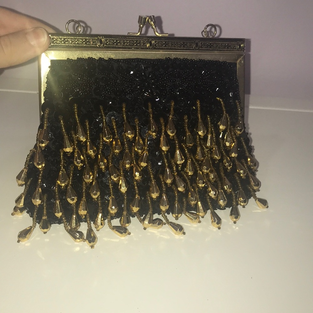 Black Clutch/Shoulder Bag w Gold Beads